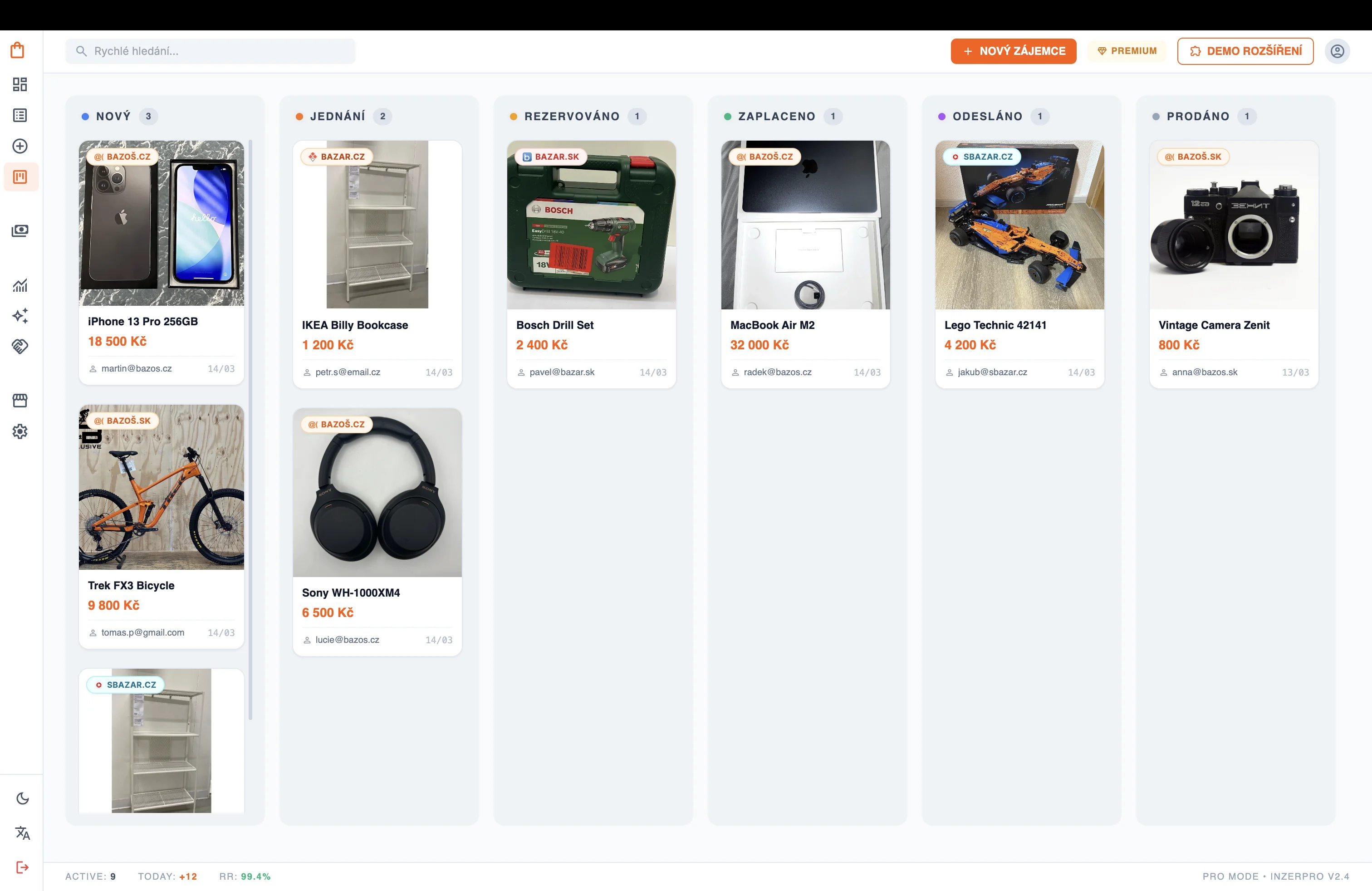InzerPro buyer CRM: kanban board of conversations from new to sold