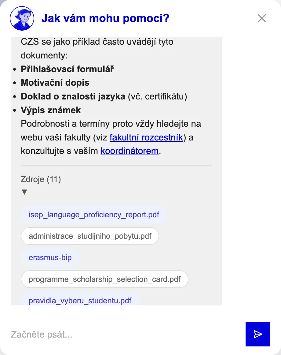 A real chatbot answer citing 11 named source documents with feedback buttons