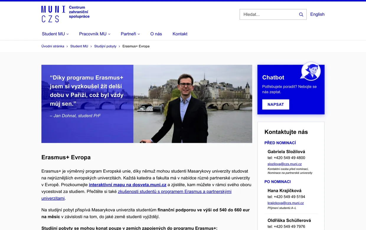 The CZS chatbot live on Masaryk University's official Erasmus+ page