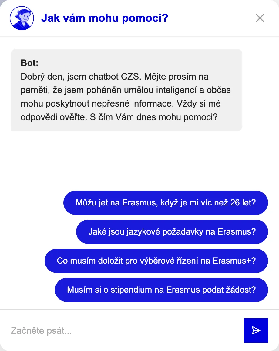 The open CZS chat widget with an AI disclaimer and suggested questions