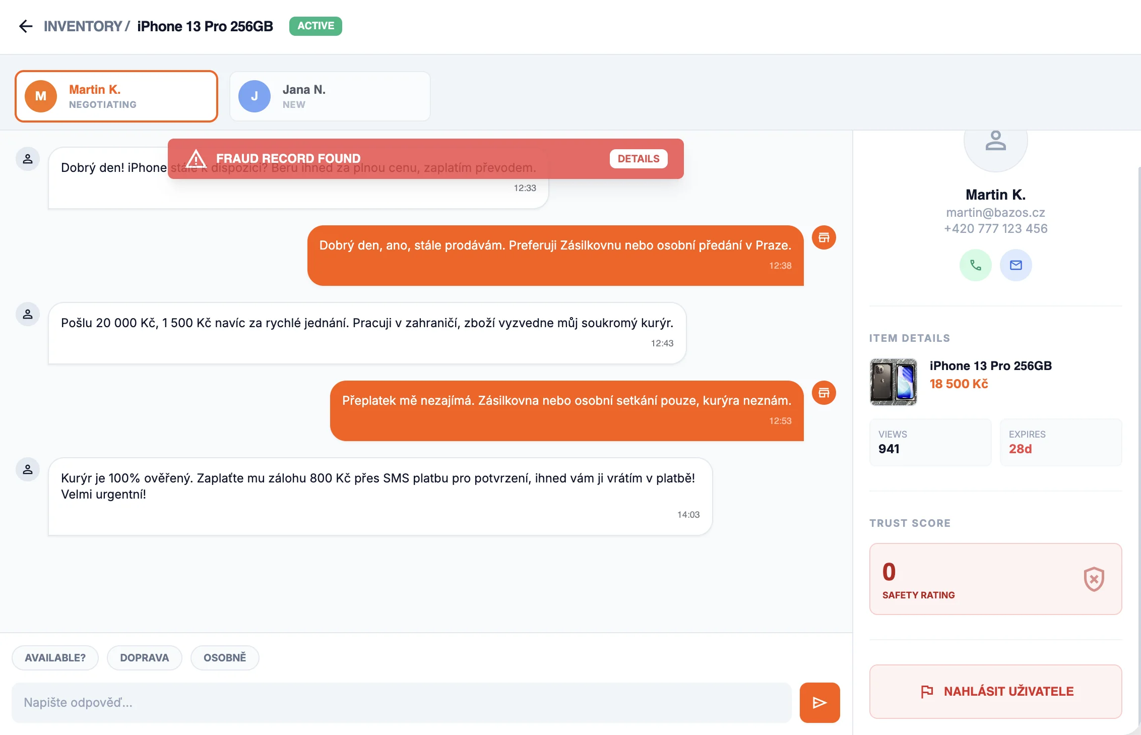 InzerPro fraud protection: a chat with a flagged scammer and a zero trust score